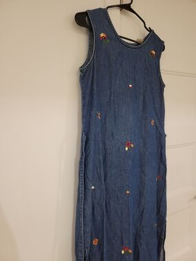 Vintage Vanityfair Denim Maxi Dress with Floral Embroidery - Blue